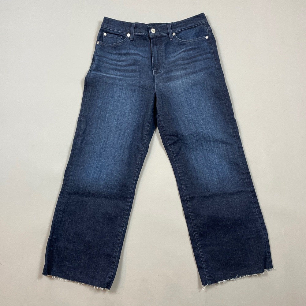 7 For All Mankind Womens High Waisted Wide Leg Raw Hem Jeans Dark Wash Denim